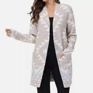 Frye Womens L Beige & White Aztec PrintCardigan Open Front Stretched